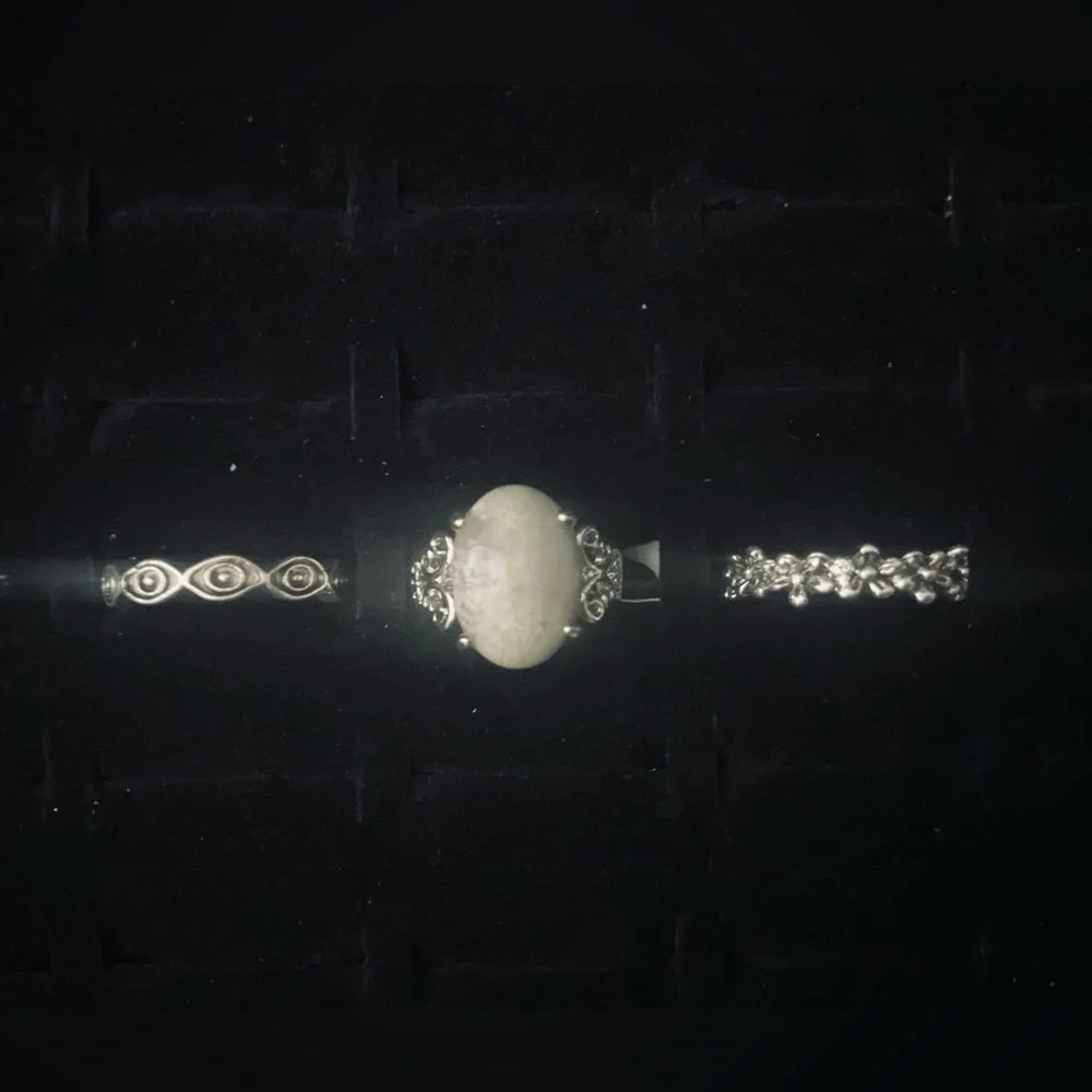New x3 Silver Tone Ring Synthetic Moonstone Opal White Flowers Boho Set Size 5/6